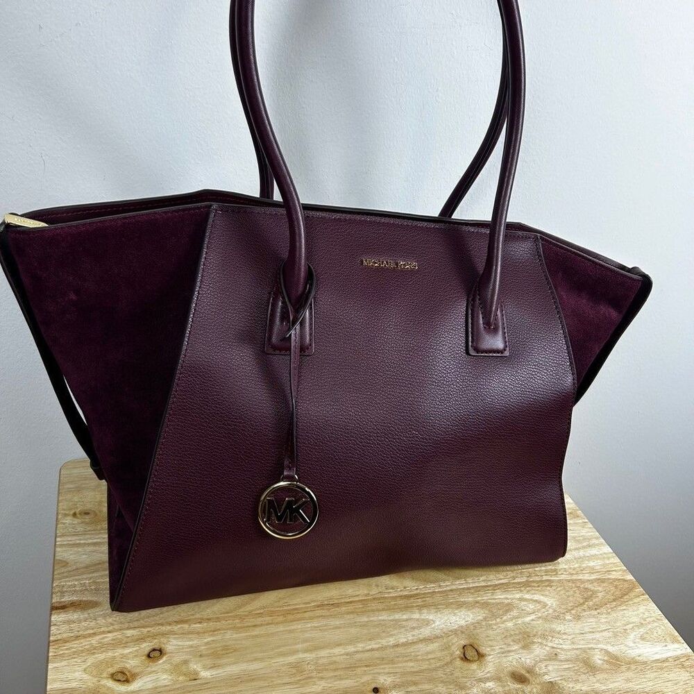 Michael Kors Tote Bag Womens Burgundy Pebbled Leather Suede Gold Hardware - Picture 4 of 12